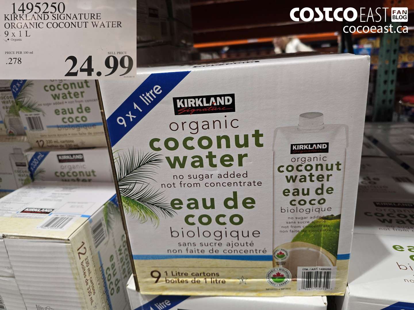 1495250 KIRKLAND SIGNATURE ORGANIC COCONUT WATER 9 X 1L $24.99