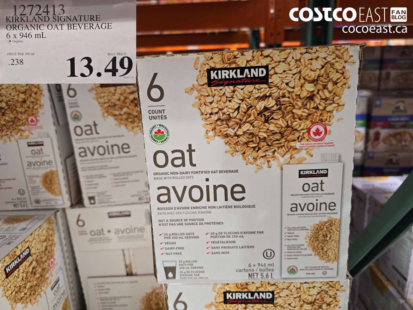 1272413 KIRKLAND SIGNATURE ORGANIC OAT BEVERAGE 6 x 946 mL $13.49