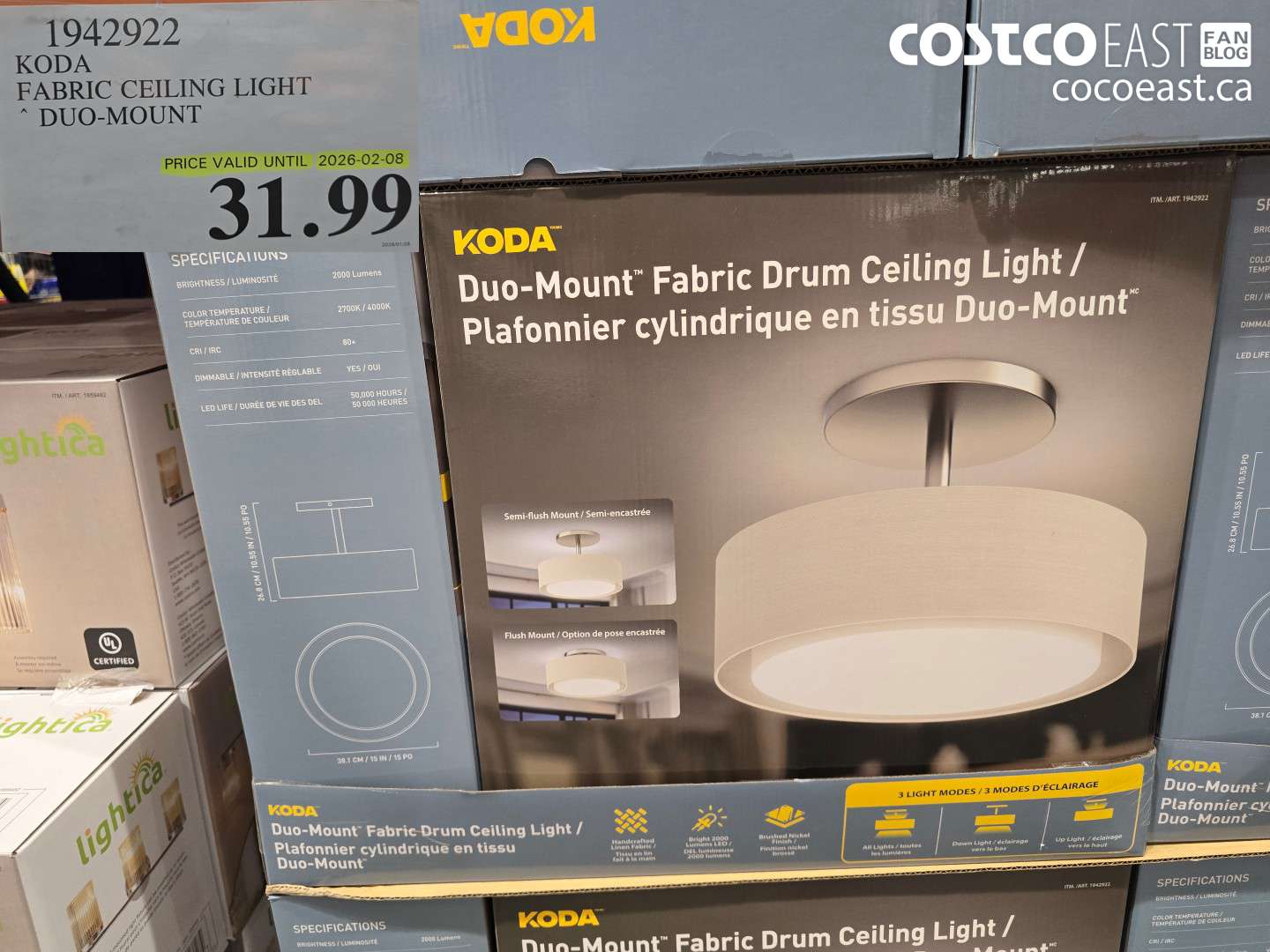 1942922 KODA FABRIC CEILING LIGHT DUO MOUNT $31.99