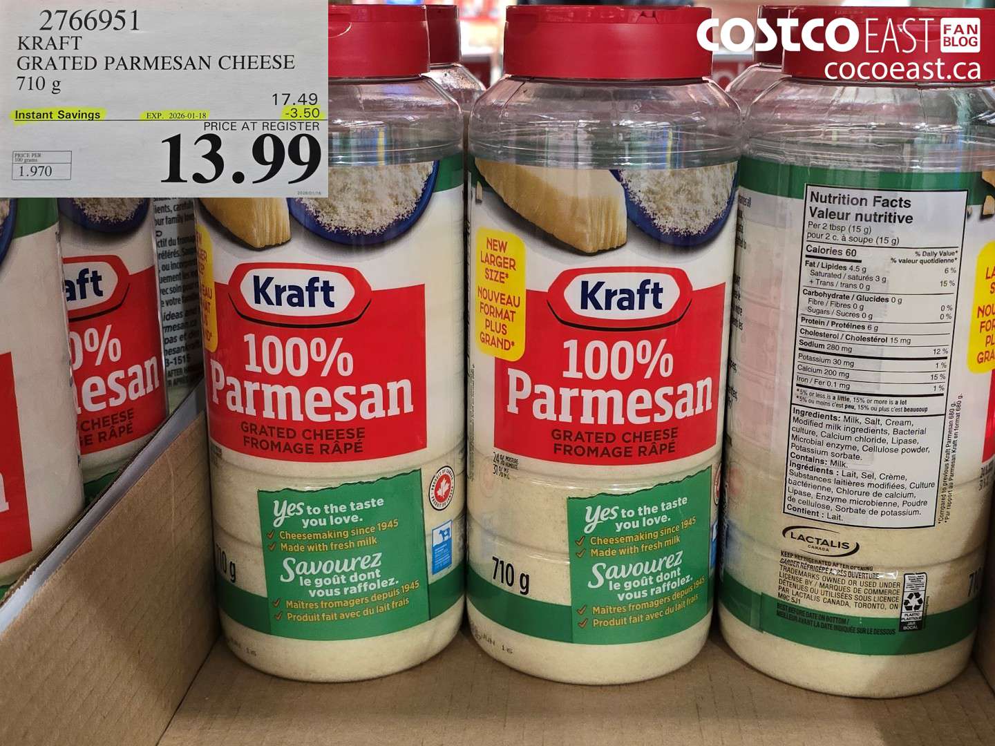 2766951 KRAFT GRATED PARMESAN CHEESE 710 G ($3.50 INSTANT SAVINGS EXPIRES ON 2026-01-18) $13.99