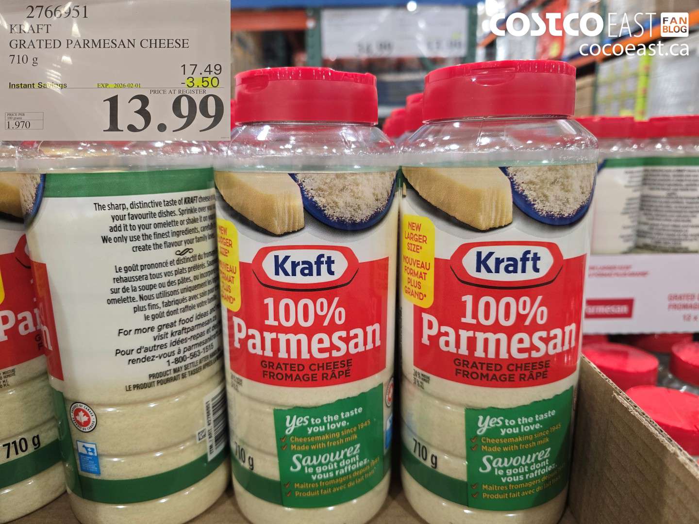 2766951 KRAFT GRATED PARMESAN CHEESE 710 G ($3.50 INSTANT SAVINGS EXPIRES ON 2026-02-01) $13.99