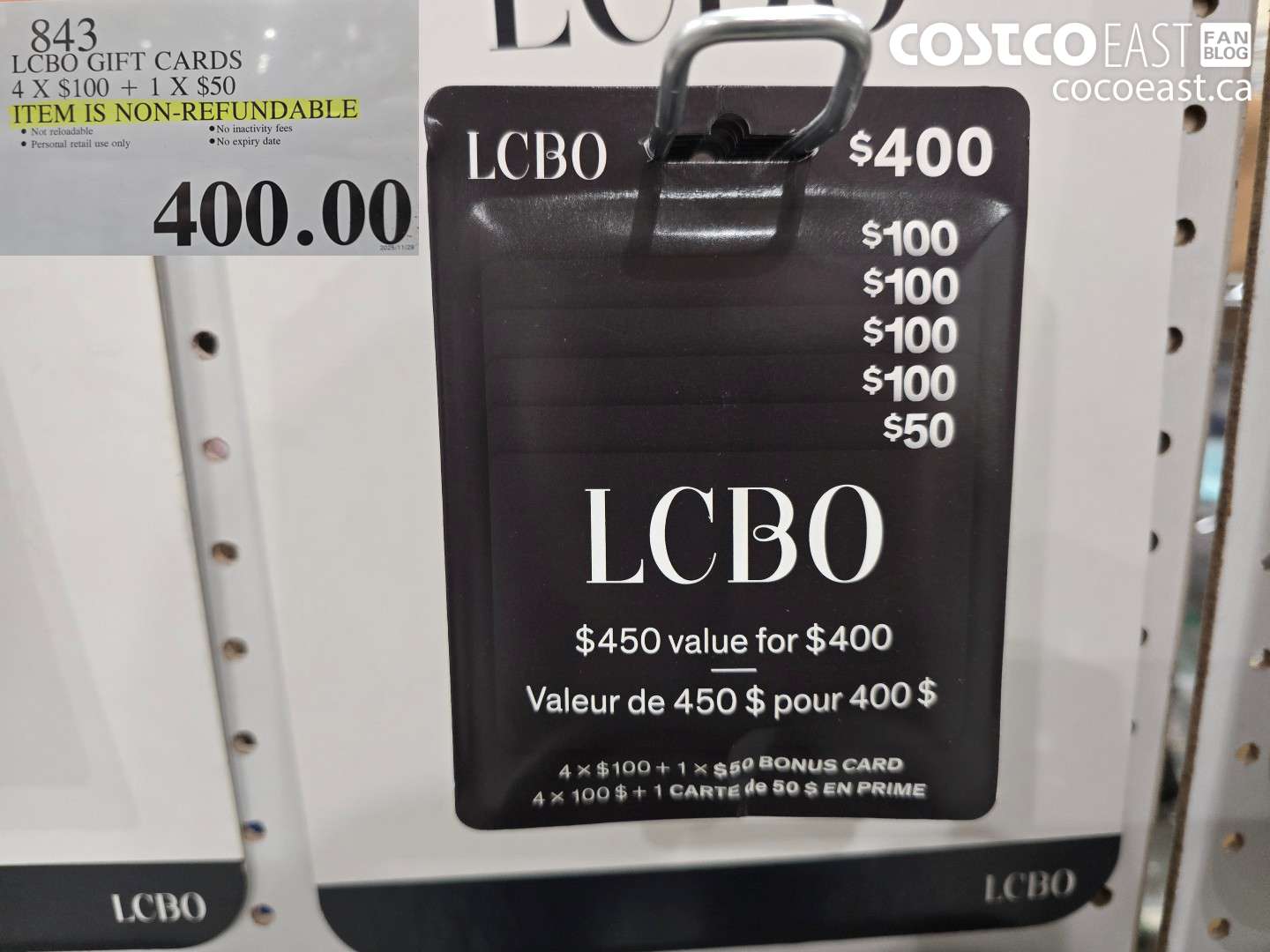 843 LCBO GIFT CARDS 4X $100 + 1 X $50 ITEM IS NON-REFUNDABLE $400.00