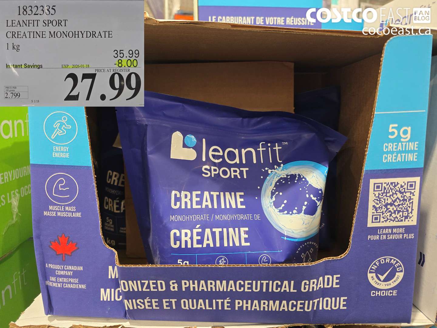 1832385 LEANFIT SPORT CREATINE MONOHYDRATE 1 KG ($8.00 INSTANT SAVINGS EXPIRES ON 2026-01-18) $27.99