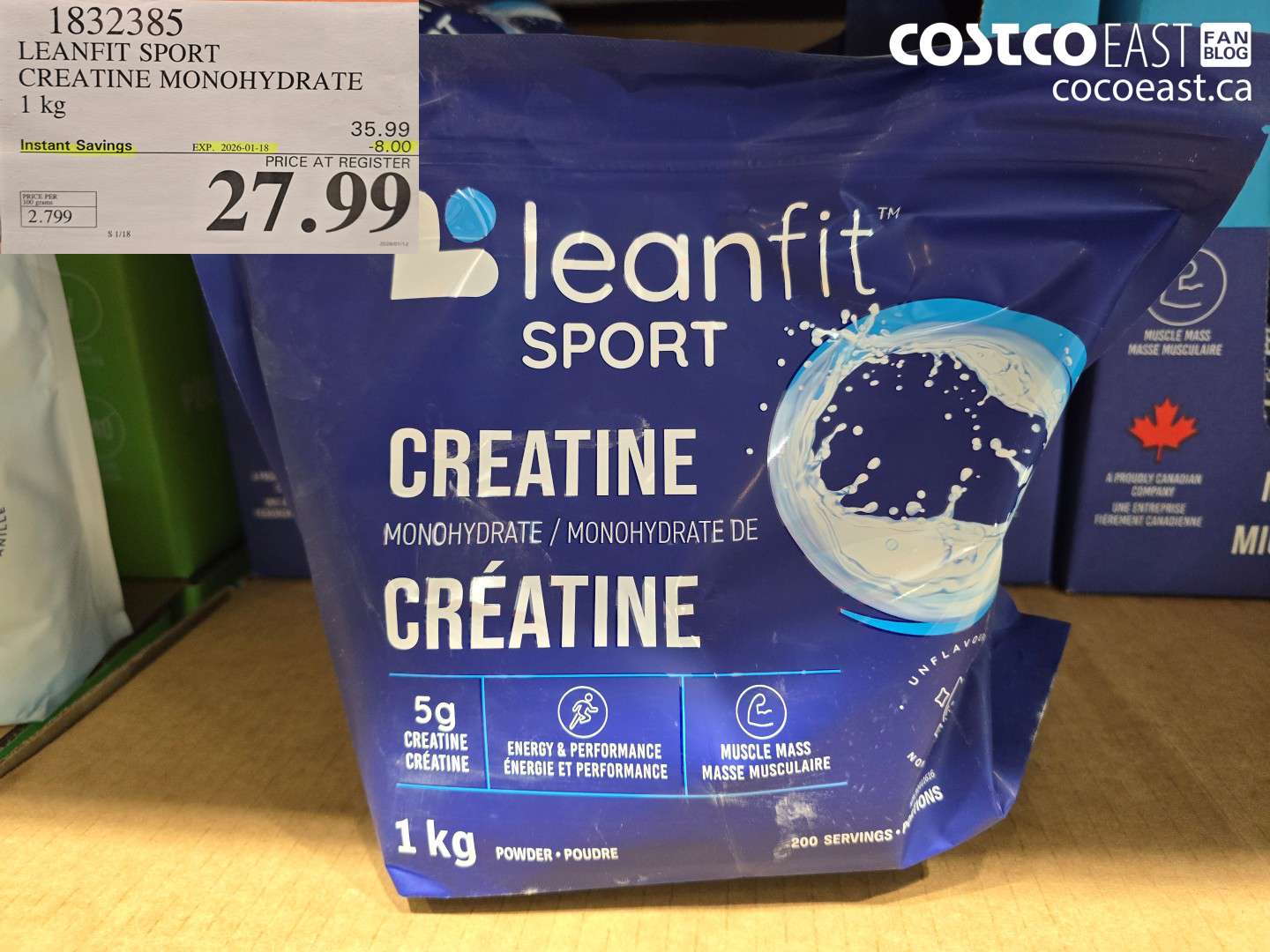 1832385 LEANFIT SPORT CREATINE MONOHYDRATE 1 KG ($8.00 INSTANT SAVINGS EXPIRES ON 2026-01-18) $27.99
