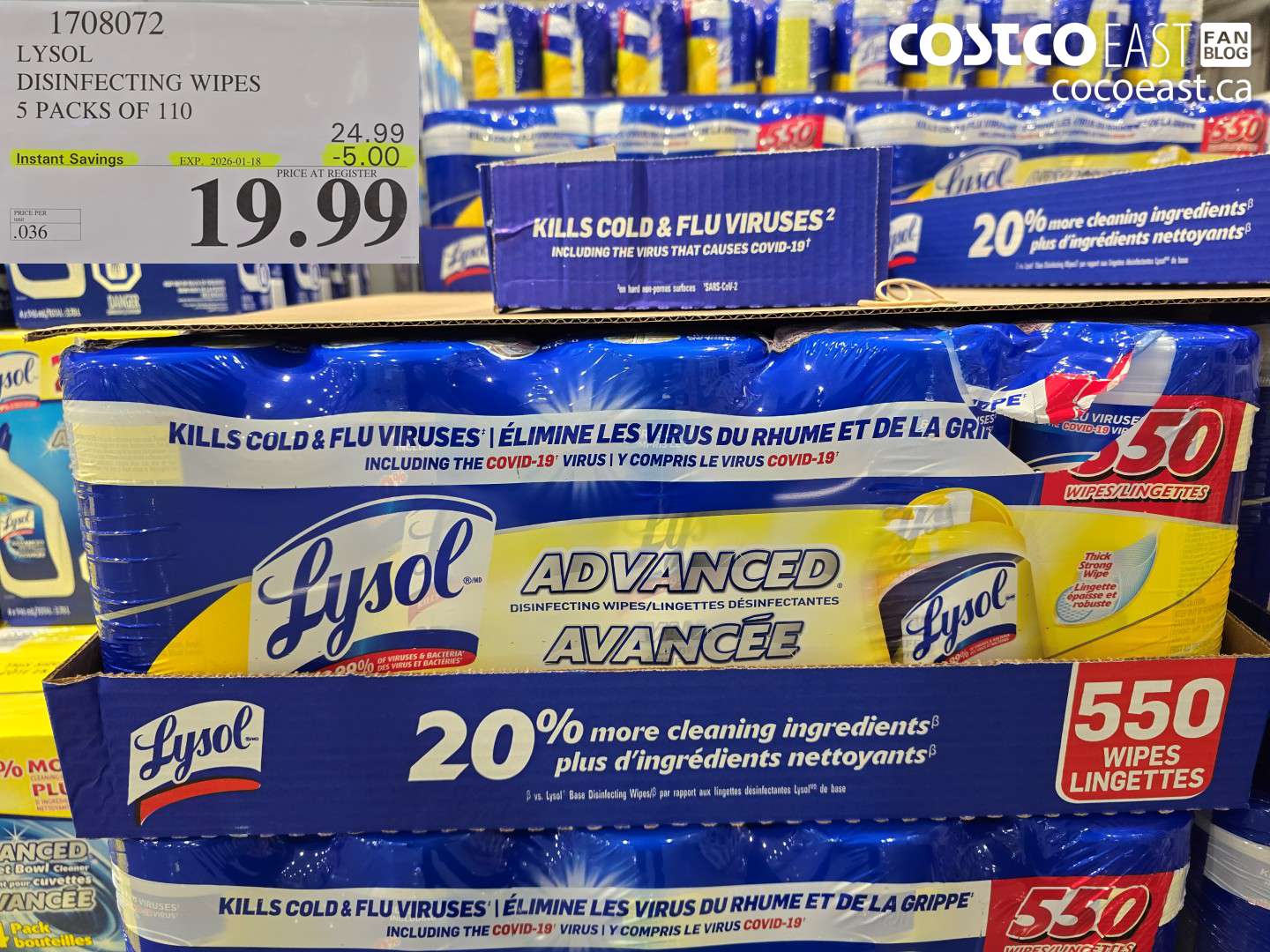 1708072 LYSOL DISINFECTING WIPES 5 PACKS OF 110 ($5.00 INSTANT SAVINGS EXPIRES ON 2026-01-18) $19.99