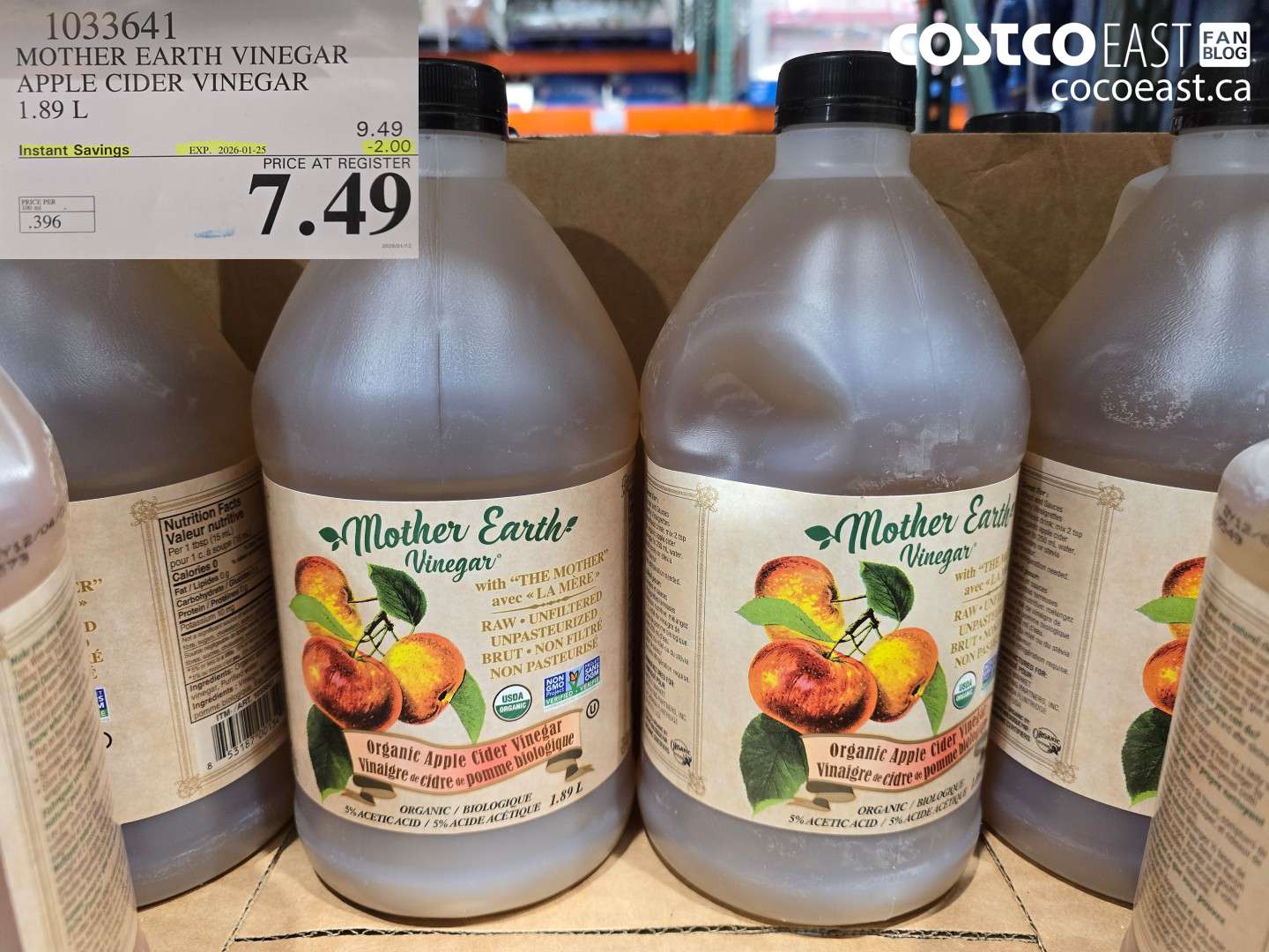 1033641 MOTHER EARTH VINEGAR APPLE CIDER VINEGAR 1.89 L ($2.00 INSTANT SAVINGS EXPIRES ON 2026-01-25) $7.49