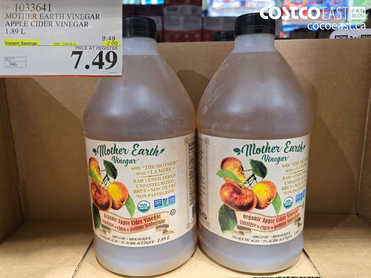 1033641 MOTHER EARTH VINEGAR APPLE CIDER VINEGAR 1.89 L ($2.00 INSTANT SAVINGS EXPIRES ON 2026-02-01) $7.49