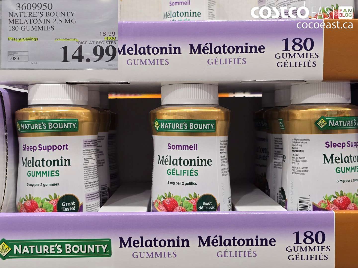 3609950 NATURE'S BOUNTY MELATONIN 2.5 MG 180 GUMMIES ($4.00 INSTANT SAVINGS EXPIRES ON 2026-02-15) $14.99