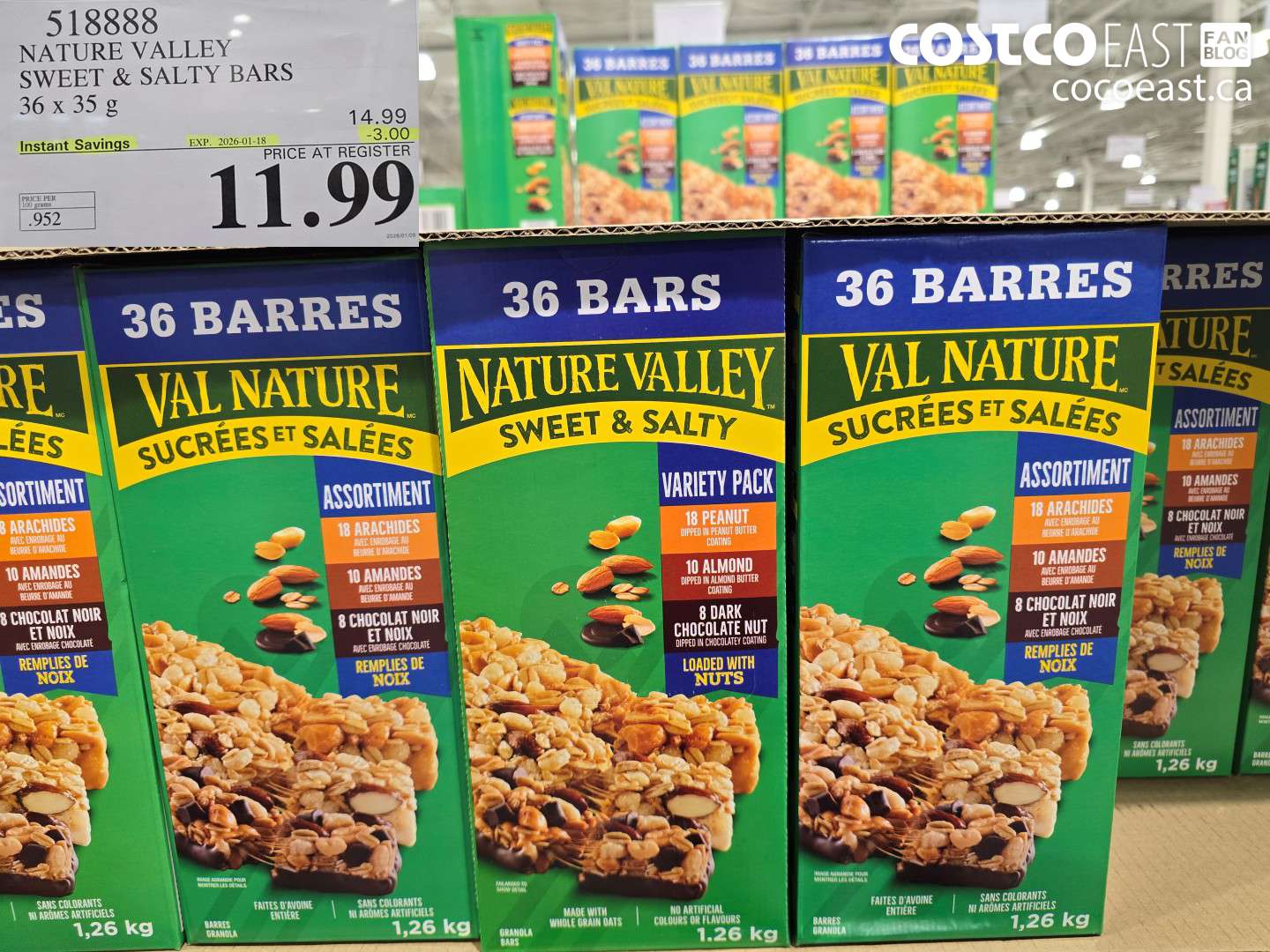 5188388 NATURE VALLEY SWEET & SALTY BARS 36 X 35 G ($3.00 INSTANT SAVINGS EXPIRES ON 2026-01-18) $11.99