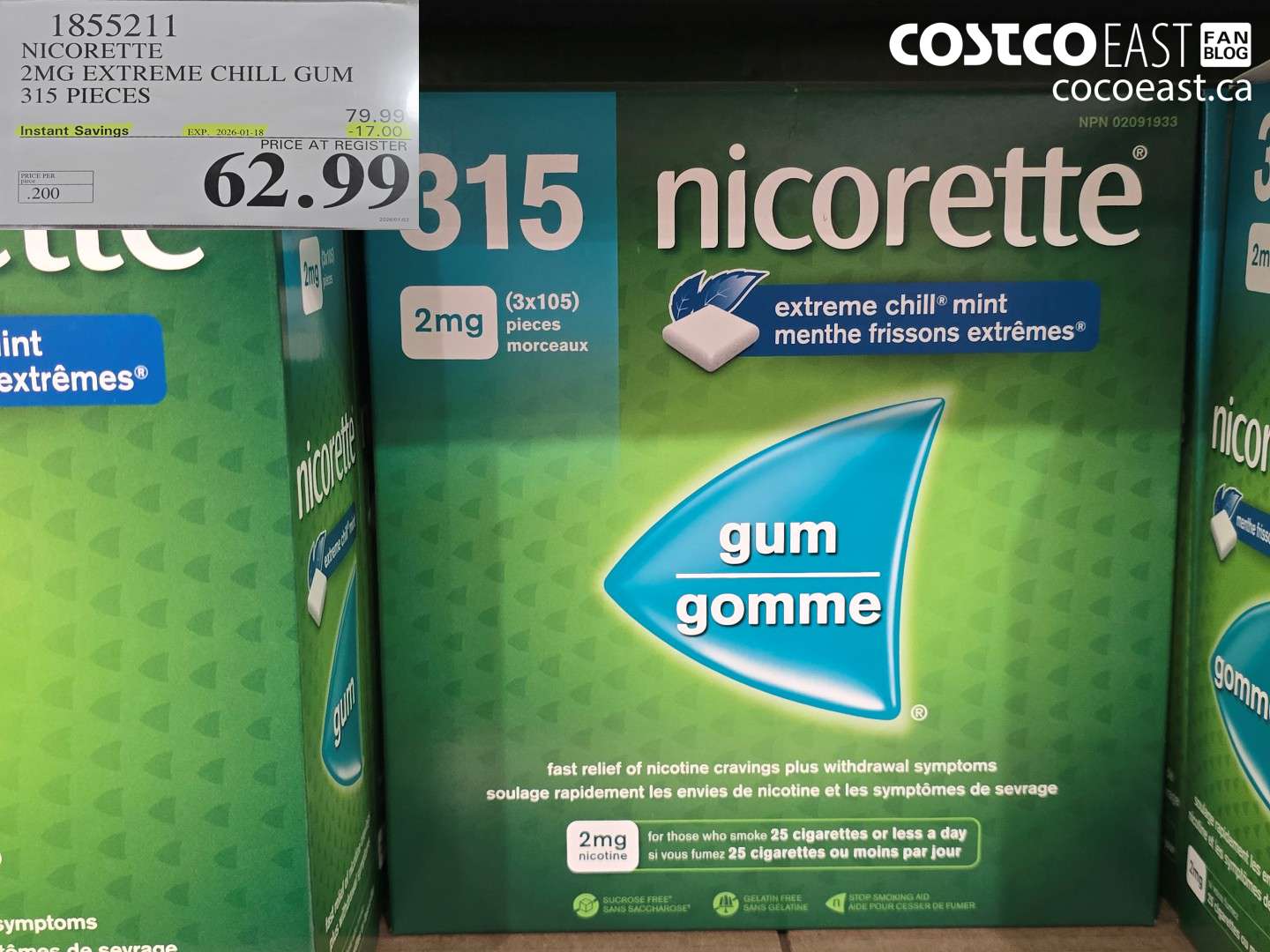 1855211 NICORETTE 2MG EXTREME CHILL GUM 315 PIECES ($17.00 INSTANT SAVINGS EXPIRES ON 2026-01-18) $62.99