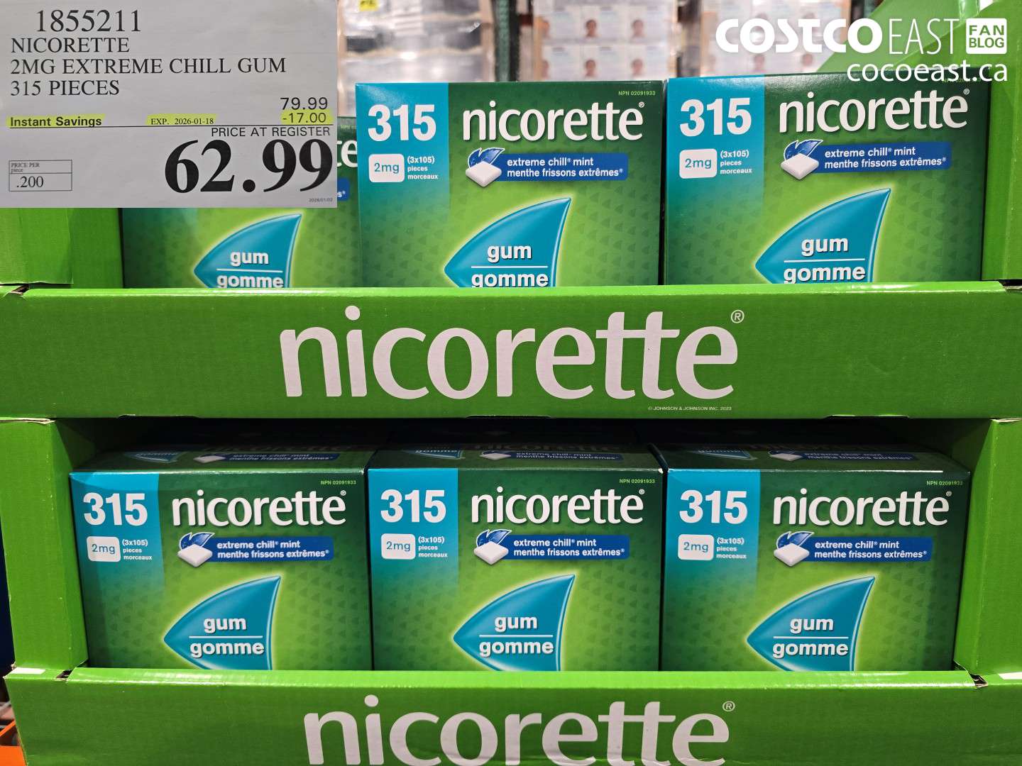 1855211 NICORETTE 2MG EXTREME CHILL GUM 315 PIECES ($17.00 INSTANT SAVINGS EXPIRES ON 2026-01-18) $62.99