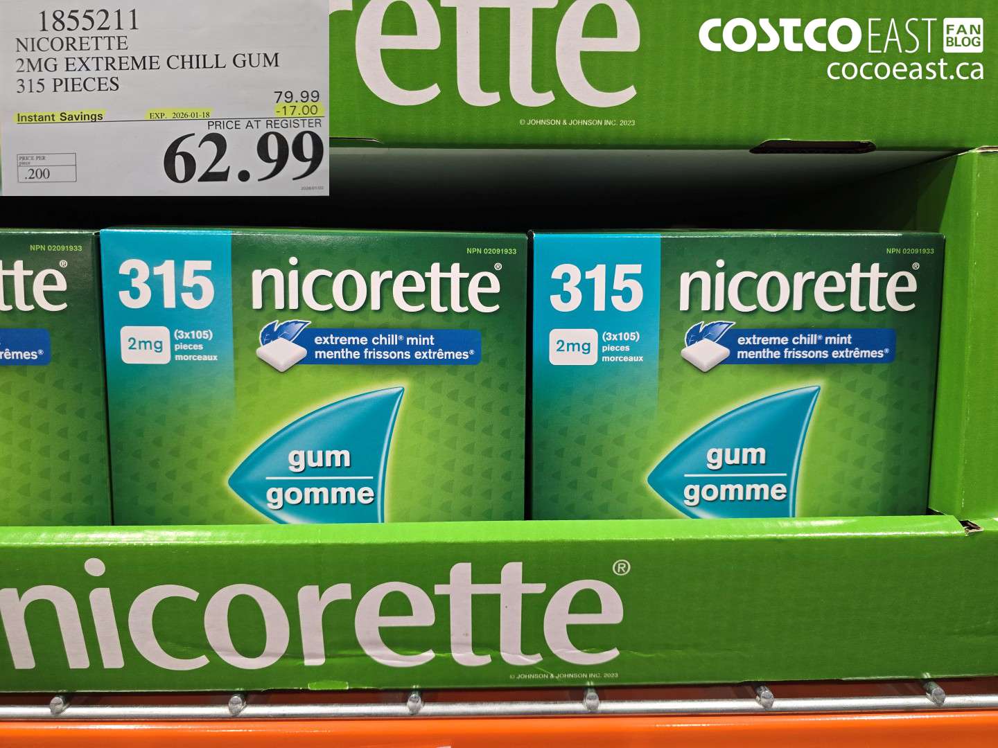1855211 NICORETTE 2MG EXTREME CHILL GUM 315 PIECES ($17.00 INSTANT SAVINGS EXPIRES ON 2026-01-18) $62.99
