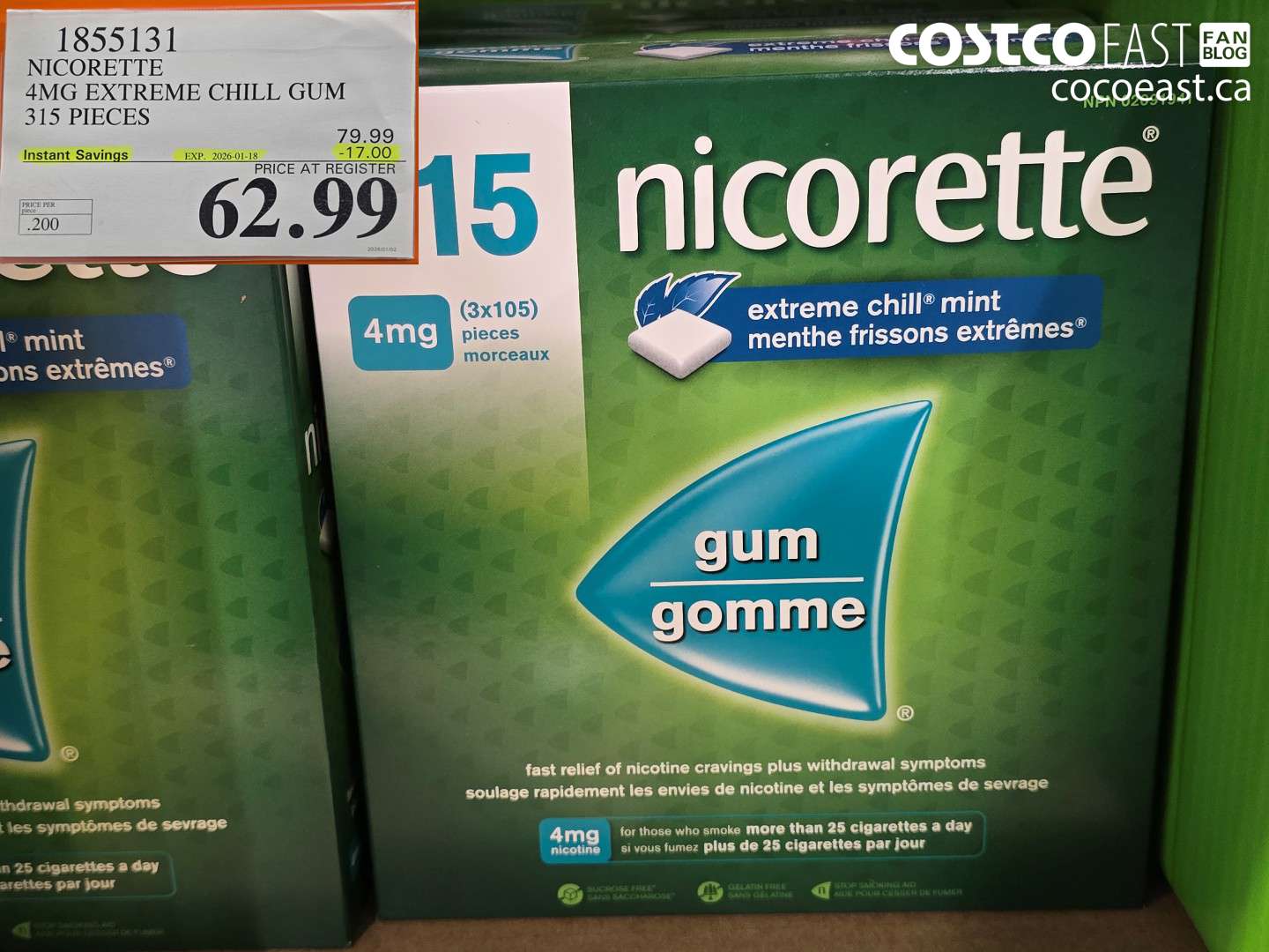 1855131 NICORETTE 4MG EXTREME CHILL GUM 315 PIECES ($17.00 INSTANT SAVINGS EXPIRES ON 2026-01-18) $62.99
