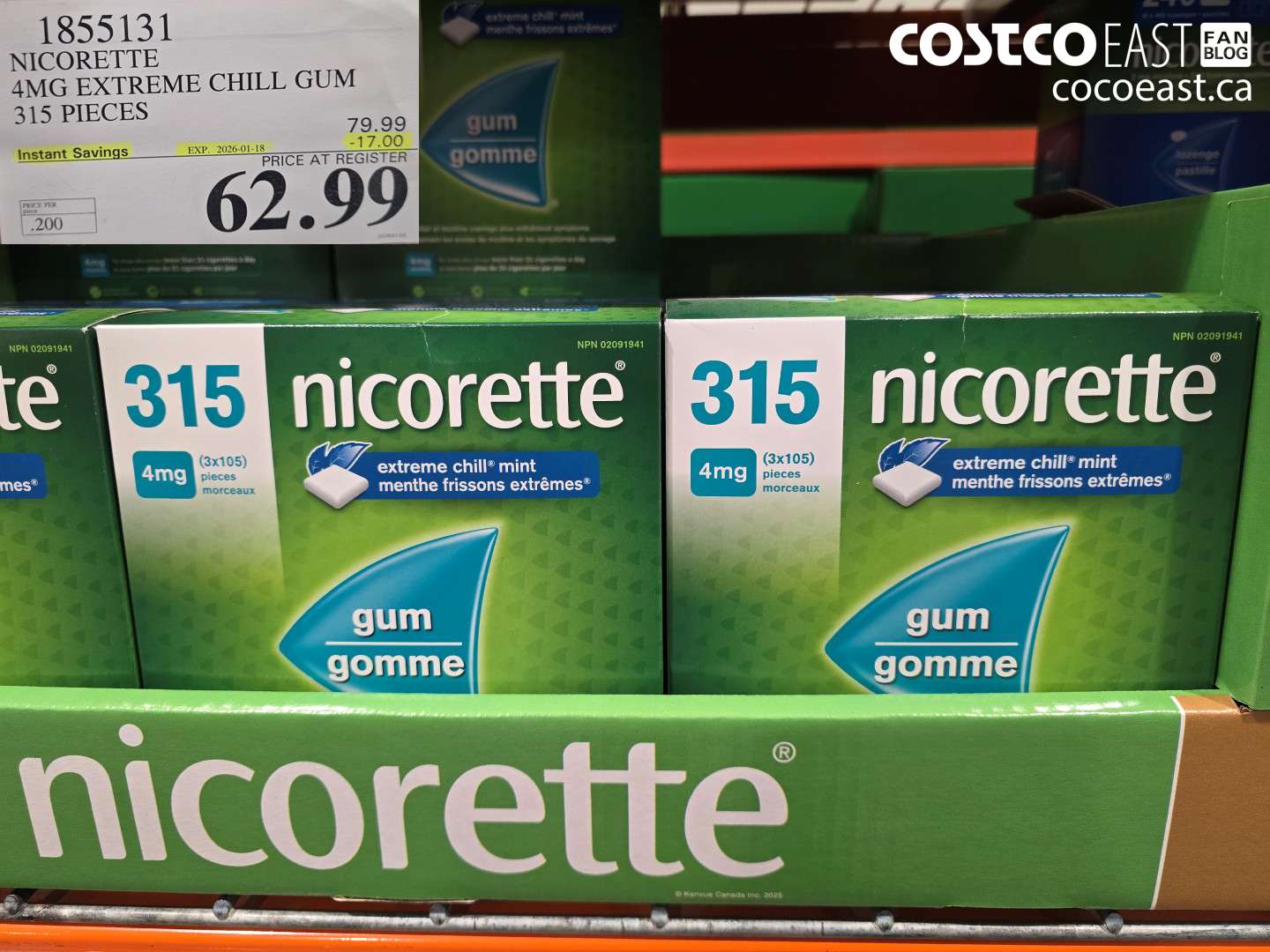 1855131 NICORETTE 4MG EXTREME CHILL GUM 315 PIECES ($17.00 INSTANT SAVINGS EXPIRES ON 2026-01-18) $62.99
