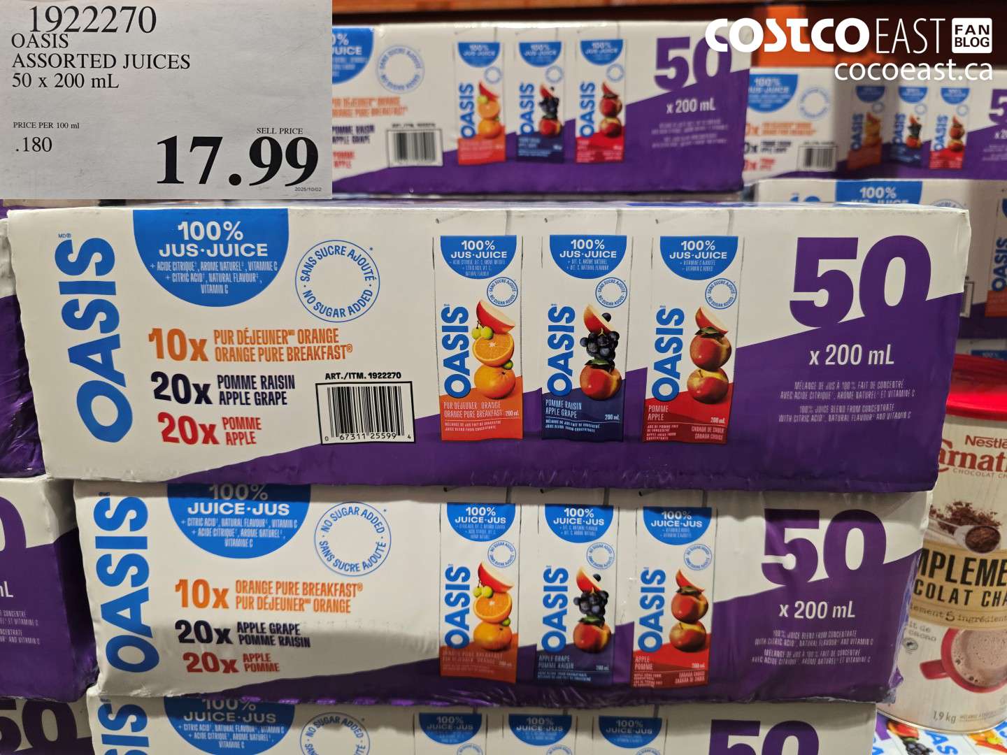 1922270 OASIS ASSORTED JUICES 50 x 200 mL  $17.99