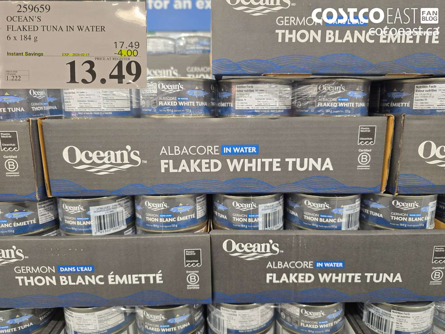 259659 OCEAN'S FLAKED TUNA IN WATER 6 x 184 G ($4.00 INSTANT SAVINGS EXPIRES ON 2026-02-15) $13.49