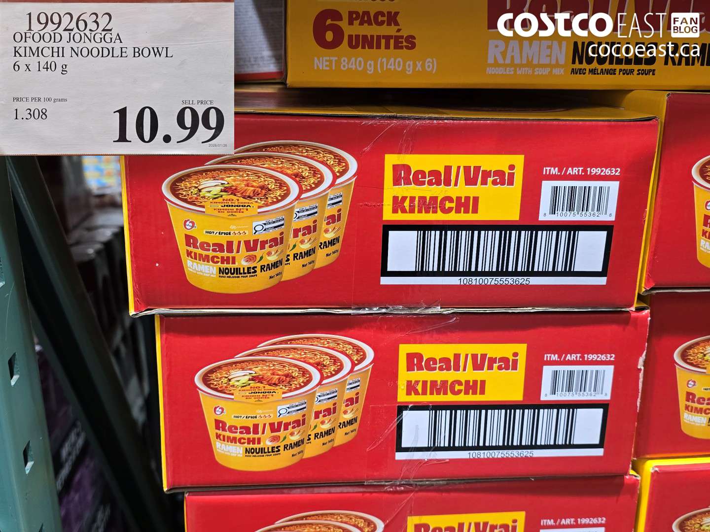 1992632 OFOOD JONGGA KIMCHI NOODLE BOWL 6x 140 G $10.99