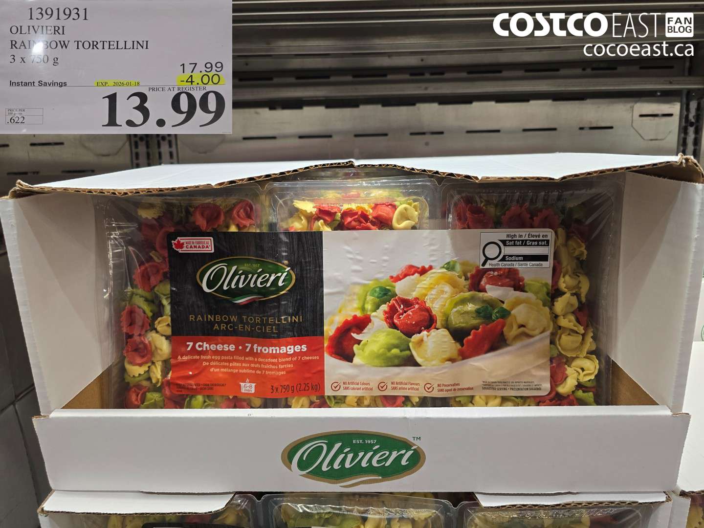 1391931 OLIVIERI RAINBOW TORTELLINI 3 x 750G ($3.50 INSTANT SAVINGS EXPIRES ON 2026-01-18) $13.99