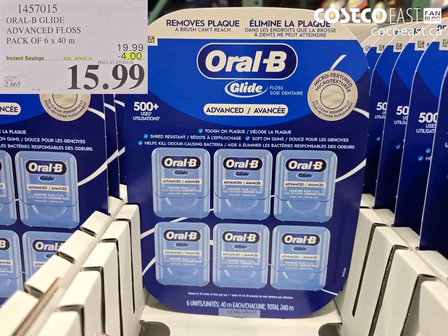 1457015 ORAL-B GLIDE ADVANCED FLOSS 6 PACKS X 40 M ($4.00 INSTANT SAVINGS EXPIRES ON 2026-01-18) $15.99