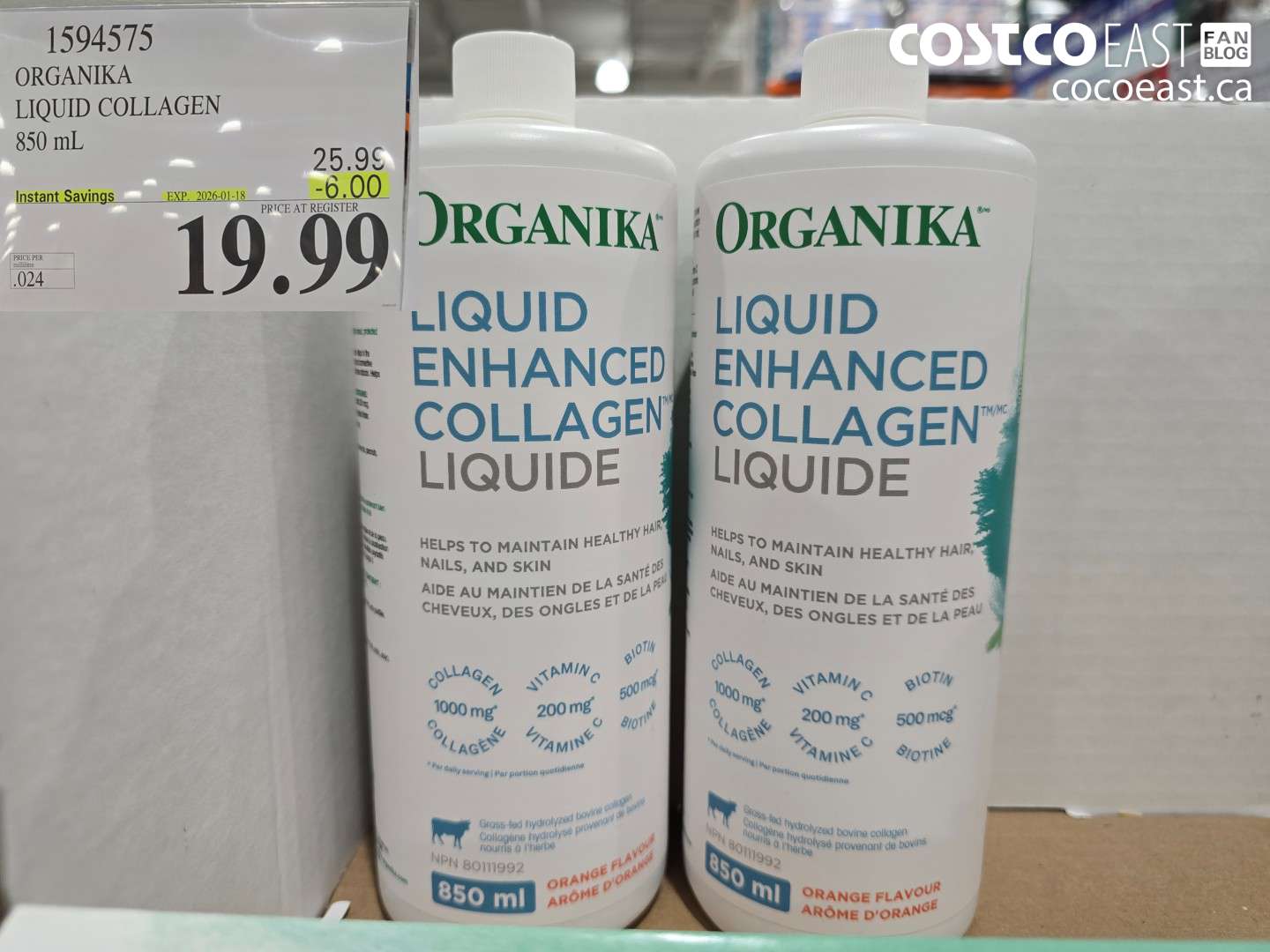 1594575 ORGANIKA LIQUID COLLAGEN 850 ML ($6.00 INSTANT SAVINGS EXPIRES ON 2026-01-18) $19.99