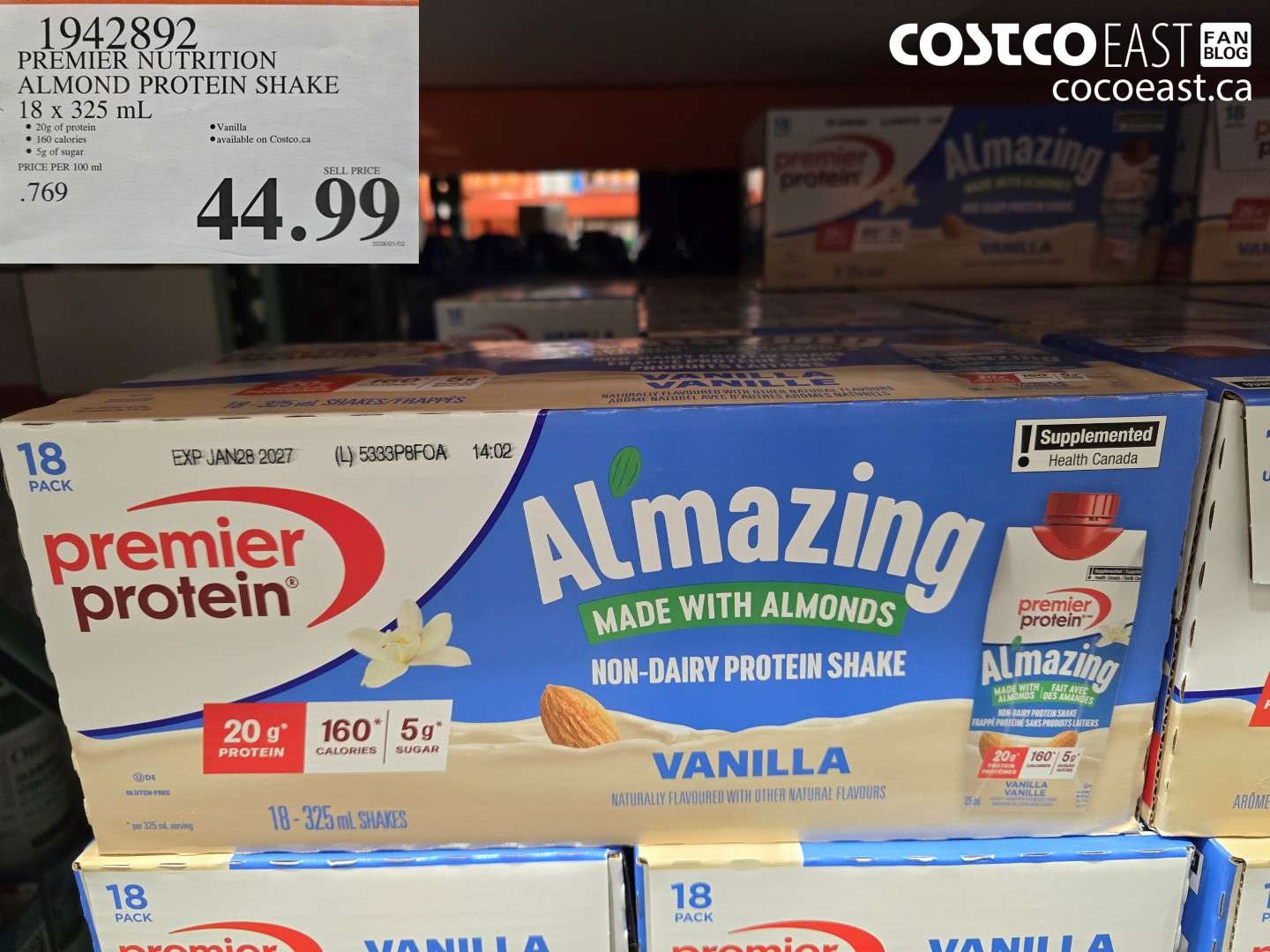 1942892 PREMIER NUTRITION ALMOND PROTEIN SHAKE 18 x 325 mL $44.99