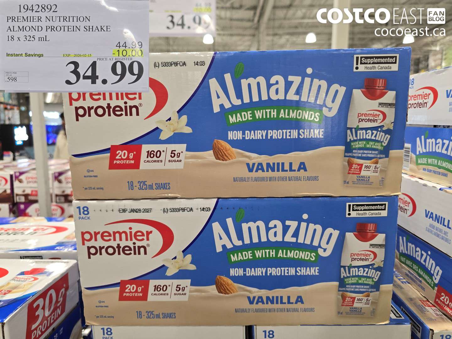 1942892 PREMIER NUTRITION ALMOND PROTEIN SHAKE 18 x 325 mL ($10.00 INSTANT SAVINGS EXPIRES ON 2026-02-15) $34.99