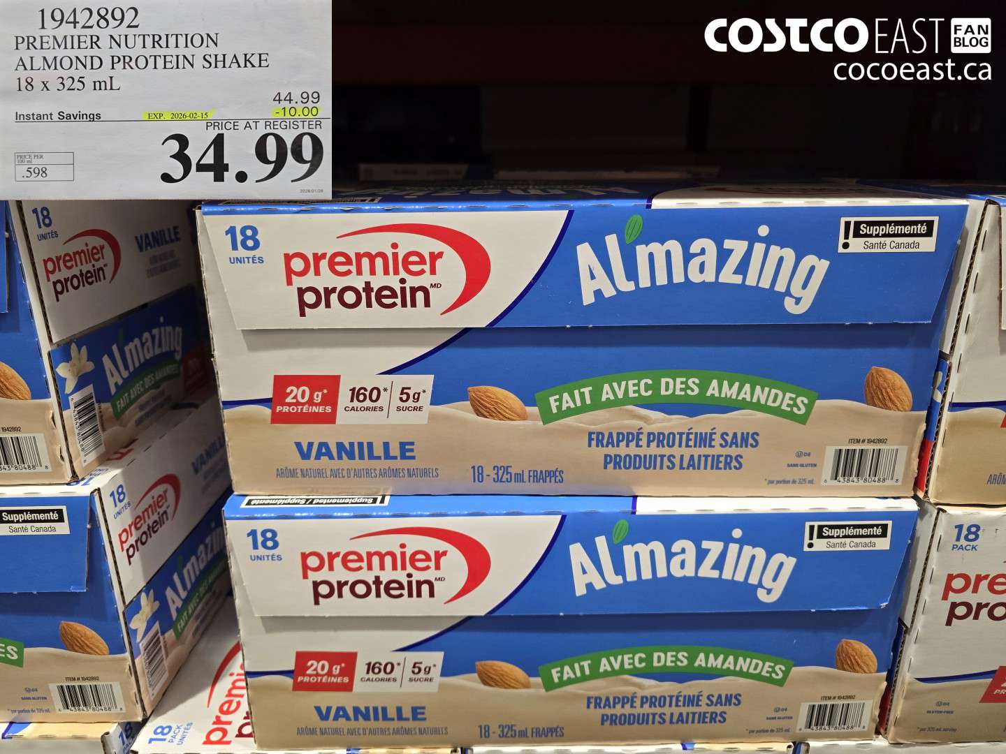1942892 PREMIER NUTRITION ALMOND PROTEIN SHAKE 18 x 325 mL ($10.00 INSTANT SAVINGS EXPIRES ON 2026-02-15) $34.99