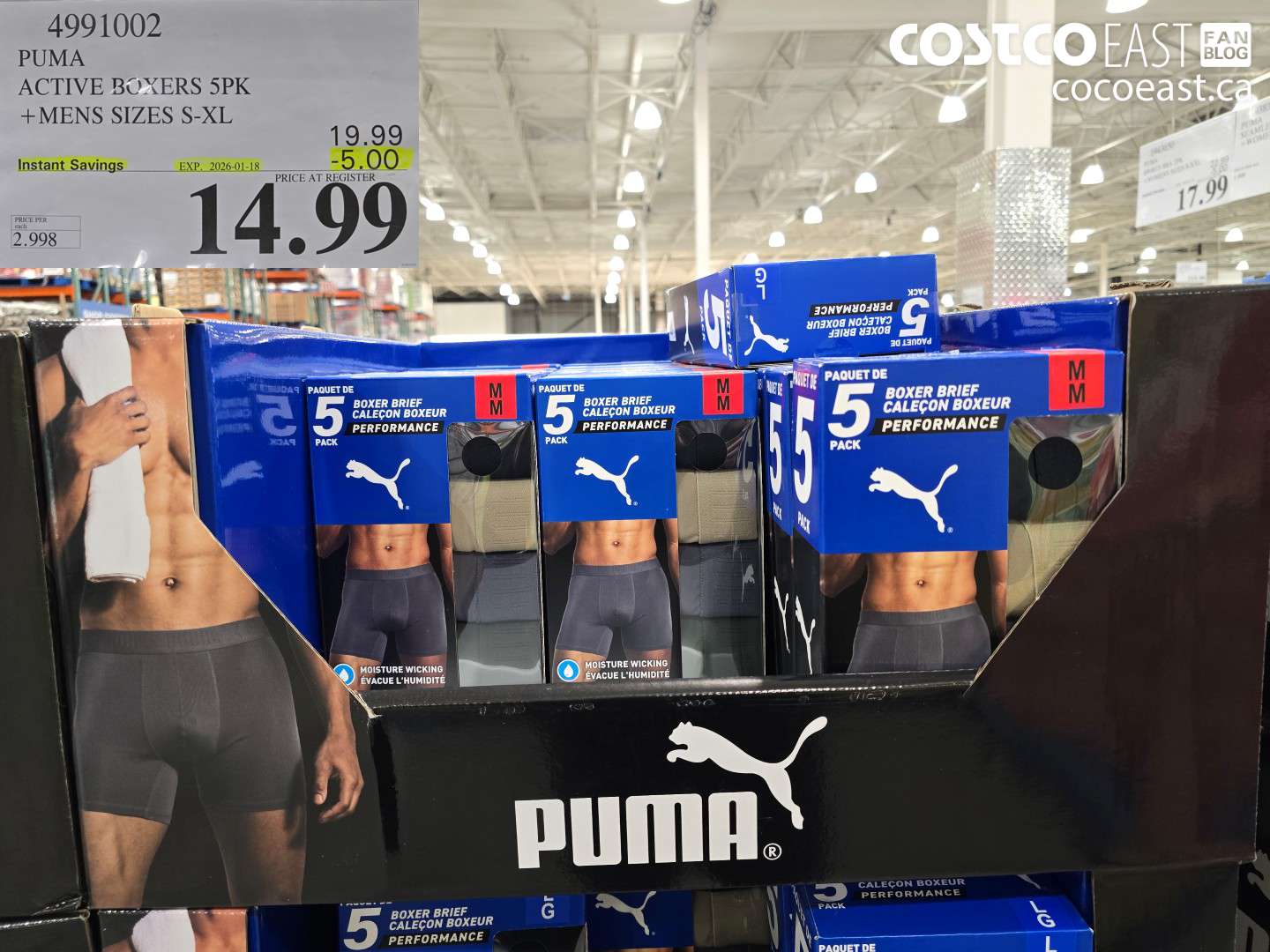 4991002 PUMA ACTIVE BOXERS 5PK +MENS SIZES S-XL ($5.00 INSTANT SAVINGS EXPIRES ON 2026-01-18) $14.99