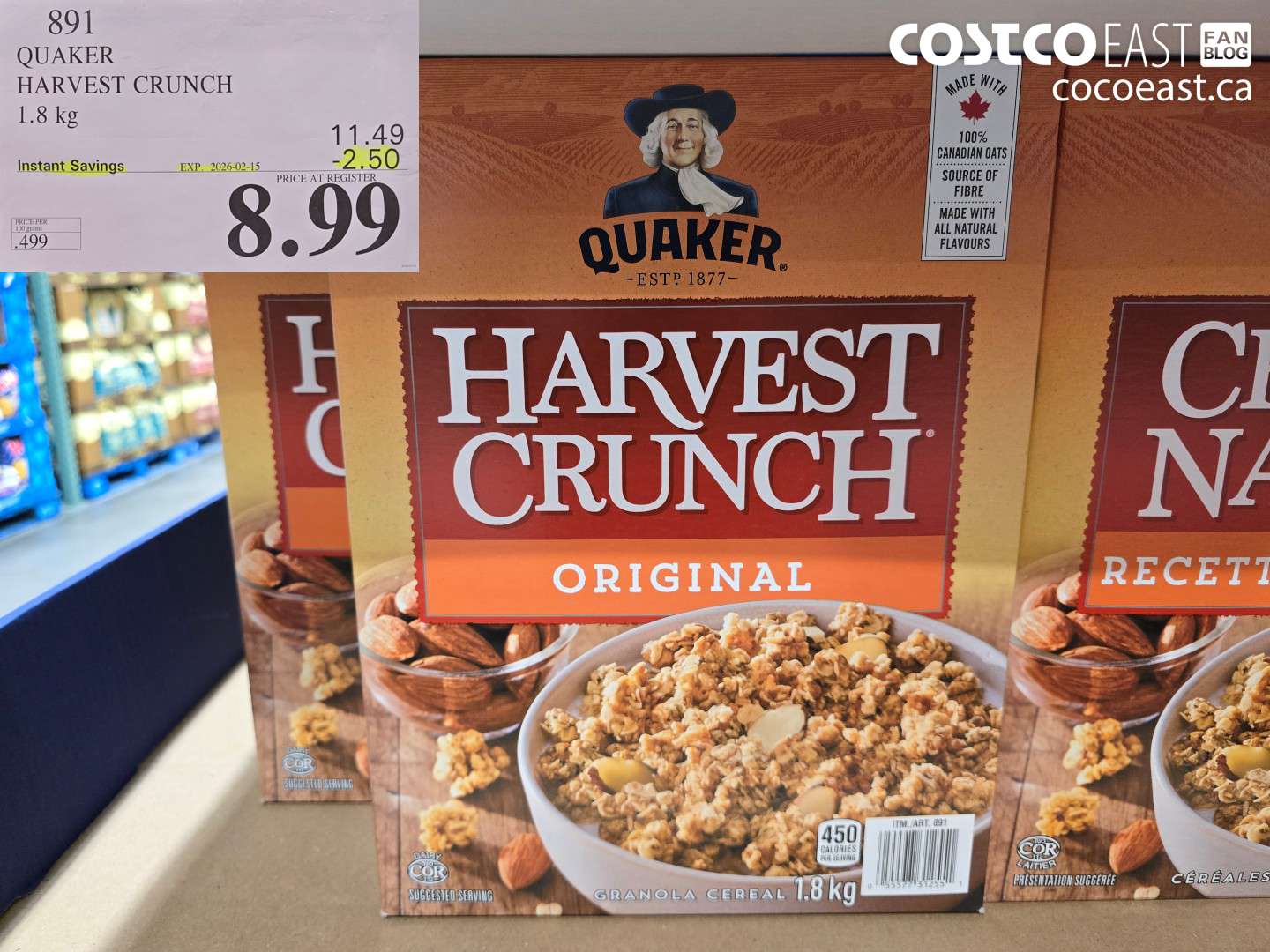 891 QUAKER HARVEST CRUNCH 1.8 kg  ($2.50 INSTANT SAVINGS EXPIRES ON 2026-02-15) $8.99