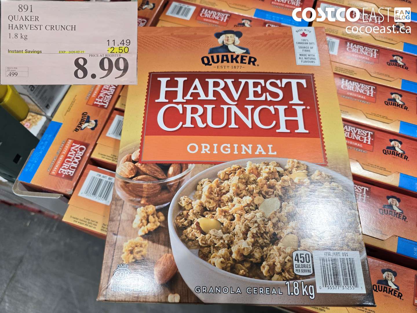 891 QUAKER HARVEST CRUNCH 1.8 kg  ($2.50 INSTANT SAVINGS EXPIRES ON 2026-02-15) $8.99