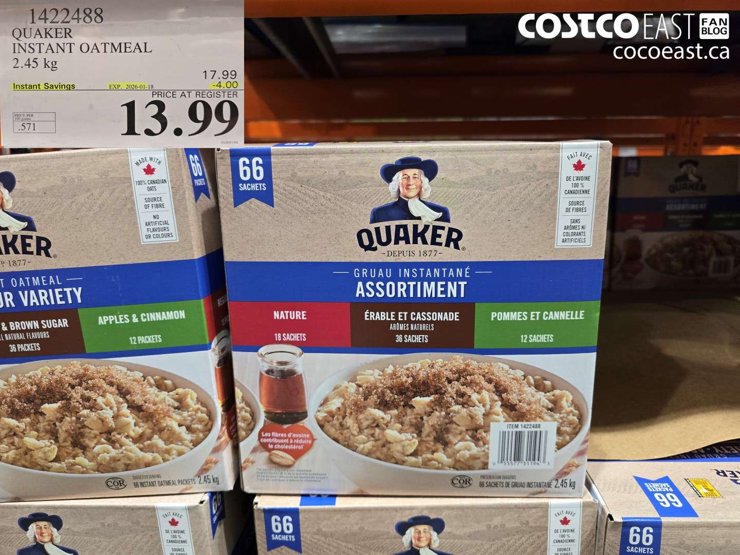 1422488 QUAKER INSTANT OATMEAL 2.45 KG ($4.00 INSTANT SAVINGS EXPIRES ON 2026-01-18) $13.99