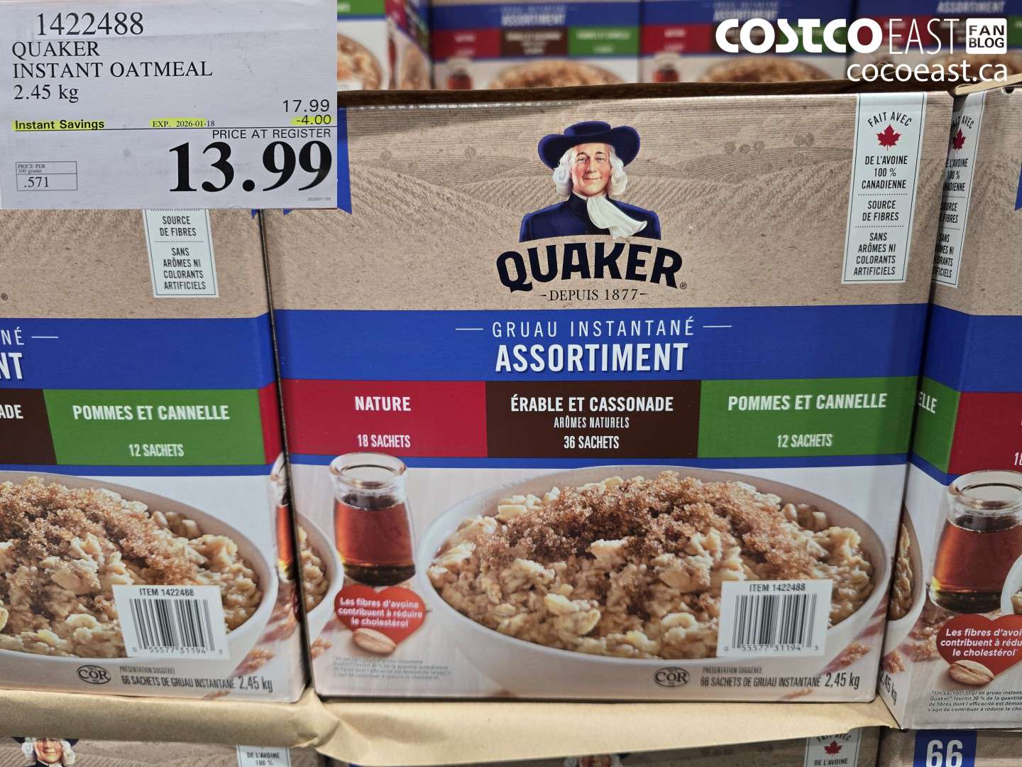 1422488 QUAKER INSTANT OATMEAL 2.45 KG ($4.00 INSTANT SAVINGS EXPIRES ON 2026-01-18) $13.99