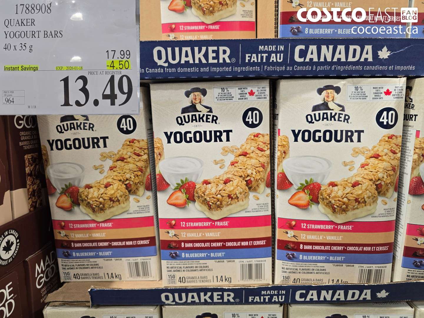1788908 QUAKER YOGURT BARS 40 x 35g ($4.50 INSTANT SAVINGS EXPIRES ON 2026-01-18) $13.49