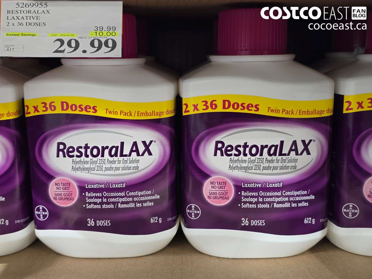 5269955 RESTORALAX LAXATIVE 2 X 36 DOSES ($8.00 INSTANT SAVINGS EXPIRES ON 2026-01-18) $29.99