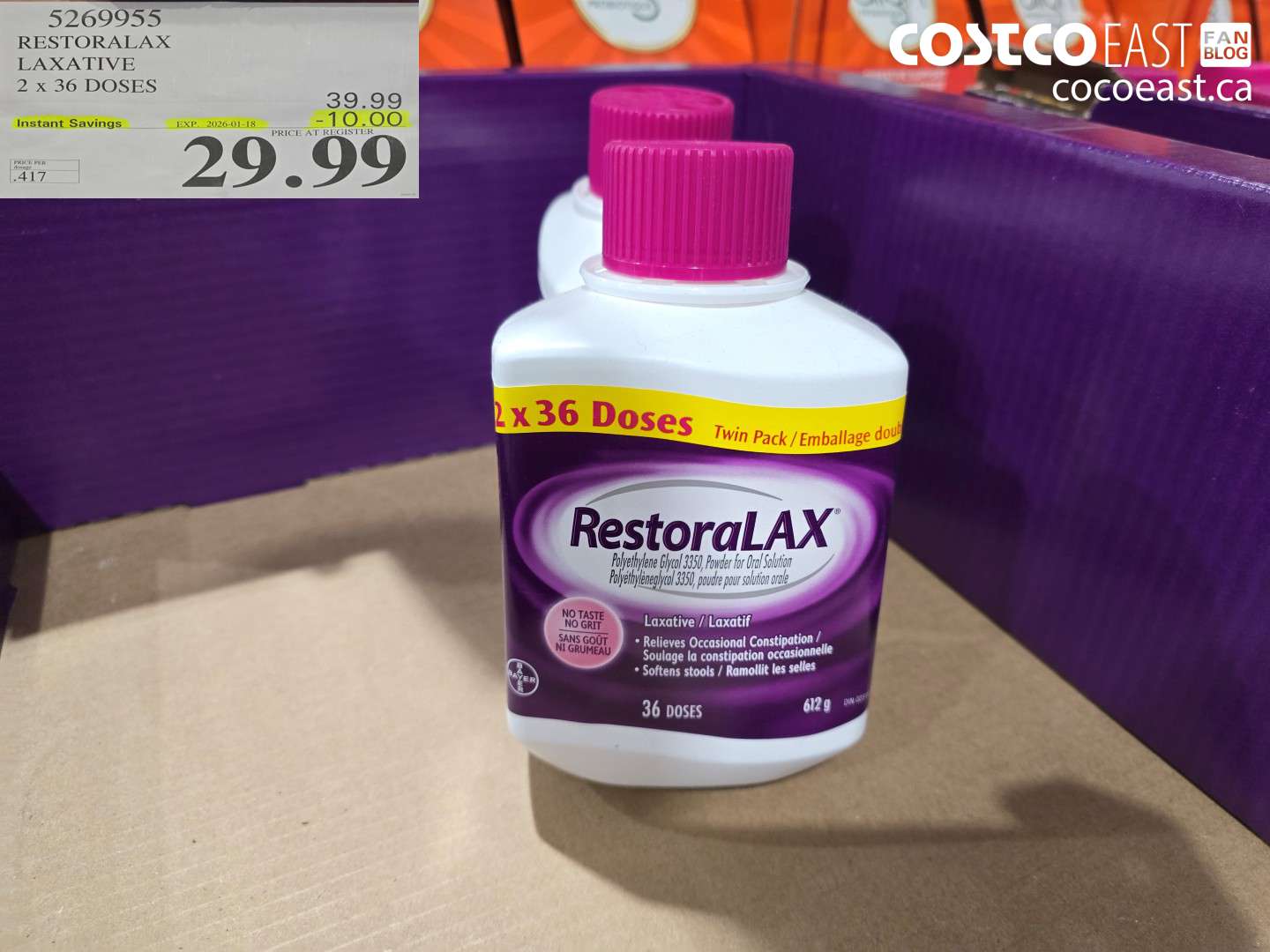 5269955 RESTORALAX LAXATIVE 2 X 36 DOSES ($8.00 INSTANT SAVINGS EXPIRES ON 2026-01-18) $29.99