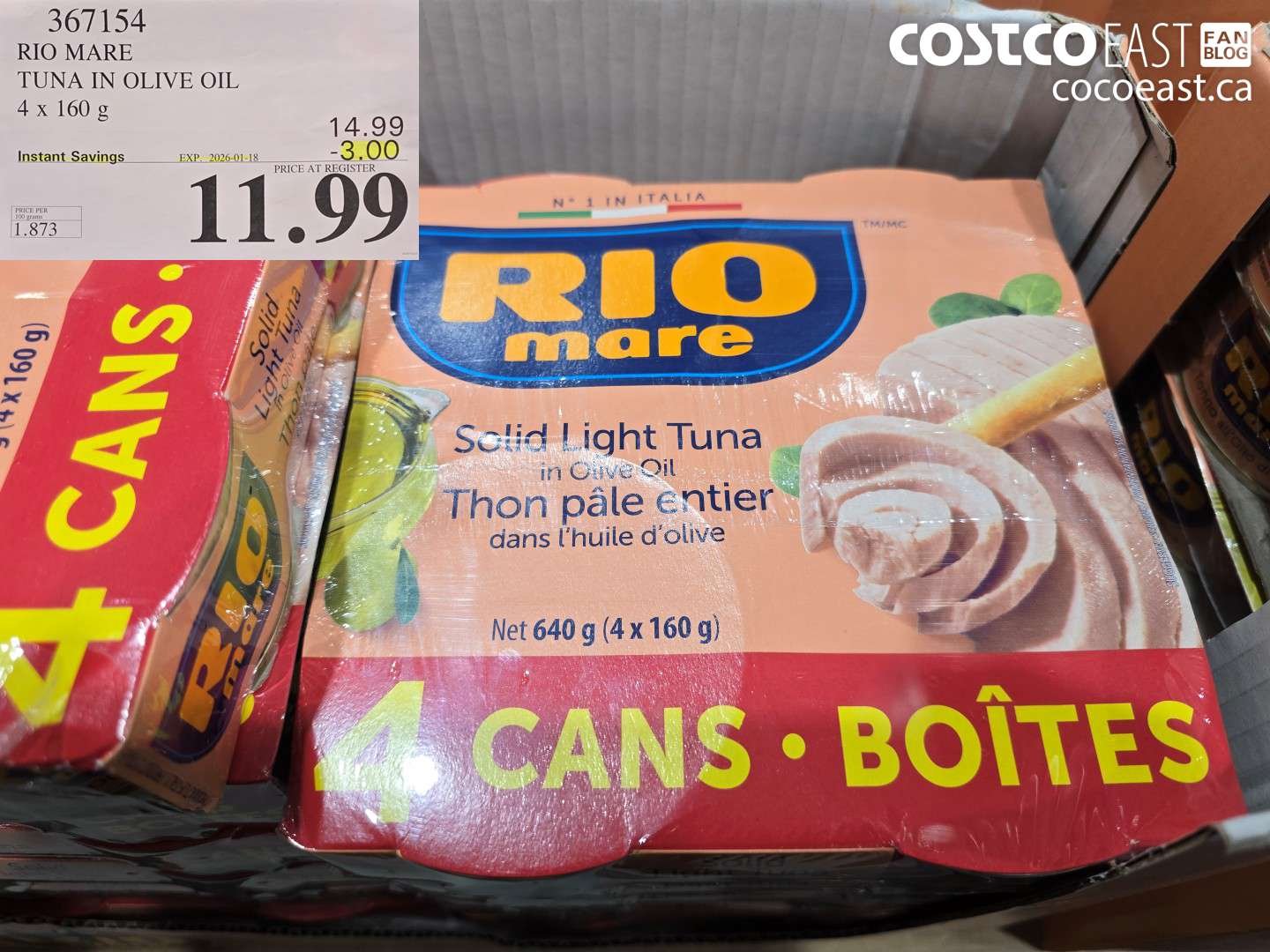 367154 RIO MARE TUNA IN OLIVE OIL 4 x 160 g ($3.00 INSTANT SAVINGS EXPIRES ON 2026-01-18) $11.99