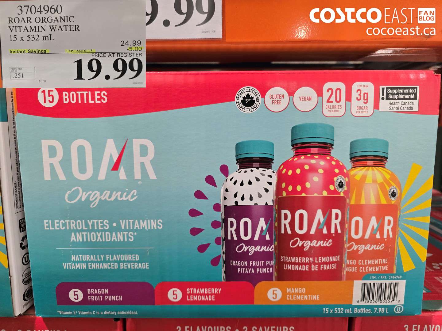 3704960 ROAR ORGANIC VITAMIN WATER 15 x 532 mL ($5.00 INSTANT SAVINGS EXPIRES ON 2026-01-18) $19.99