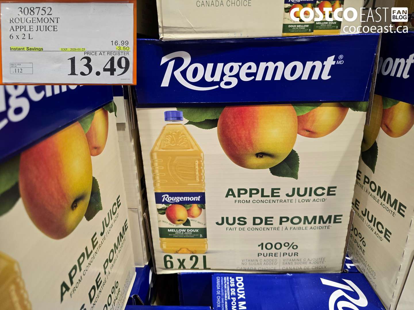 308752 ROUGEMONT APPLE JUICE 6 X 2 L ($3.50 INSTANT SAVINGS EXPIRES ON 2026-01-25) $13.49