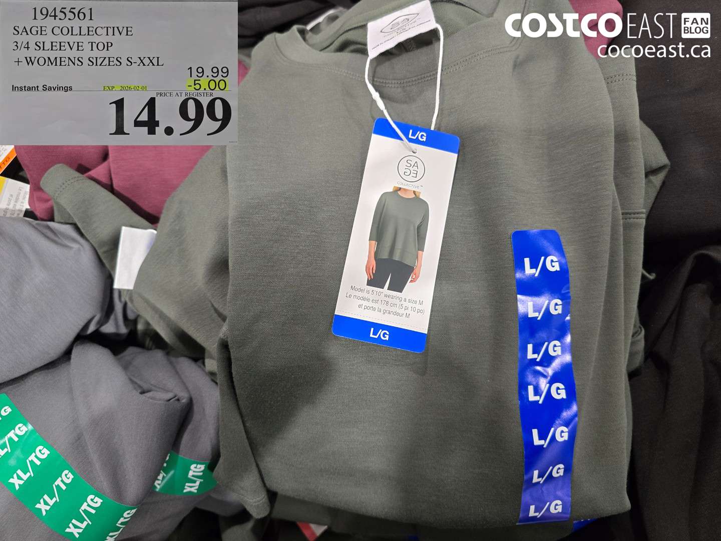 1945561 SAGE COLLECTIVE 3/4 SLEEVE TOP +WOMENS SIZES S-XXL ($5.00 INSTANT SAVINGS EXPIRES ON 2026-02-01) $14.99