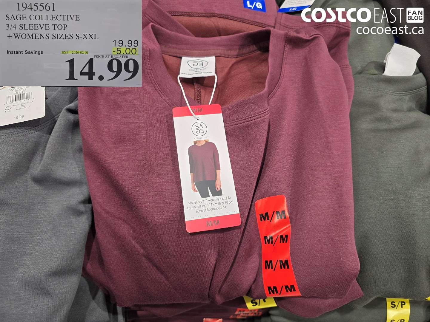 1945561 SAGE COLLECTIVE 3/4 SLEEVE TOP +WOMENS SIZES S-XXL ($5.00 INSTANT SAVINGS EXPIRES ON 2026-02-01) $14.99