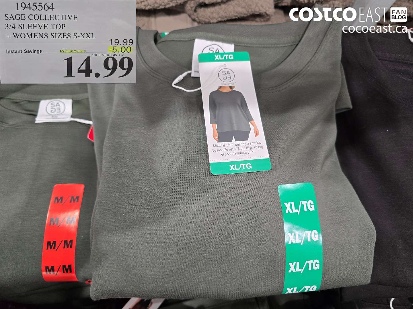 1945564 SAGE COLLECTIVE 3/4 SLEEVE TOP +WOMENS SIZES S-XxXL ($5.00 INSTANT SAVINGS EXPIRES ON 2026-01-18) $14.99