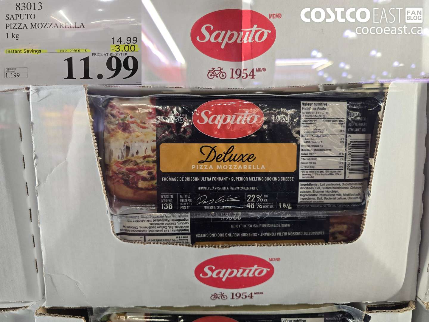 83013 SAPUTO PIZZA MOZZARELLA 1 KG ($3.00 INSTANT SAVINGS EXPIRES ON 2026-01-18) $11.99