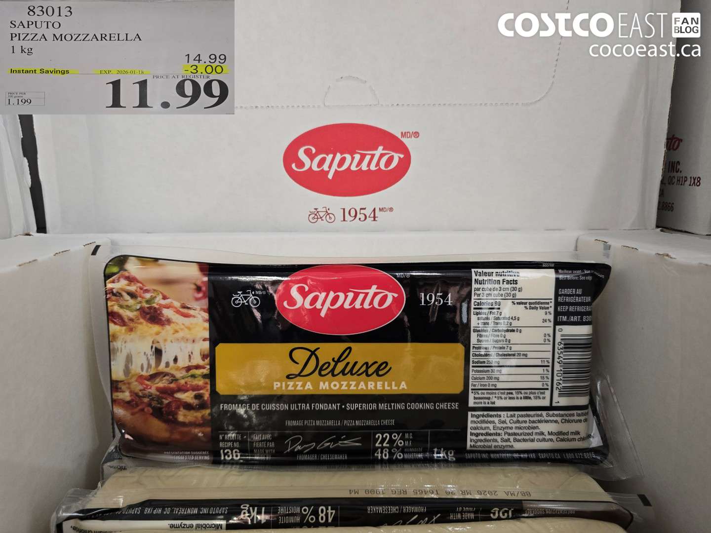 83013 SAPUTO PIZZA MOZZARELLA 1 KG ($3.00 INSTANT SAVINGS EXPIRES ON 2026-01-18) $11.99