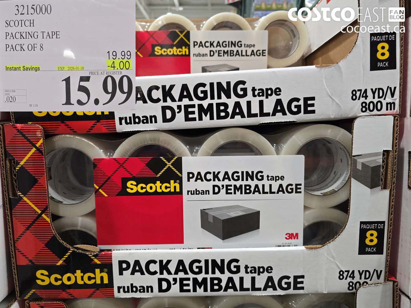 3215000 SCOTCH PACKING TAPE PACK OF 8 ($4.00 INSTANT SAVINGS EXPIRES ON 2026-01-18) $15.99