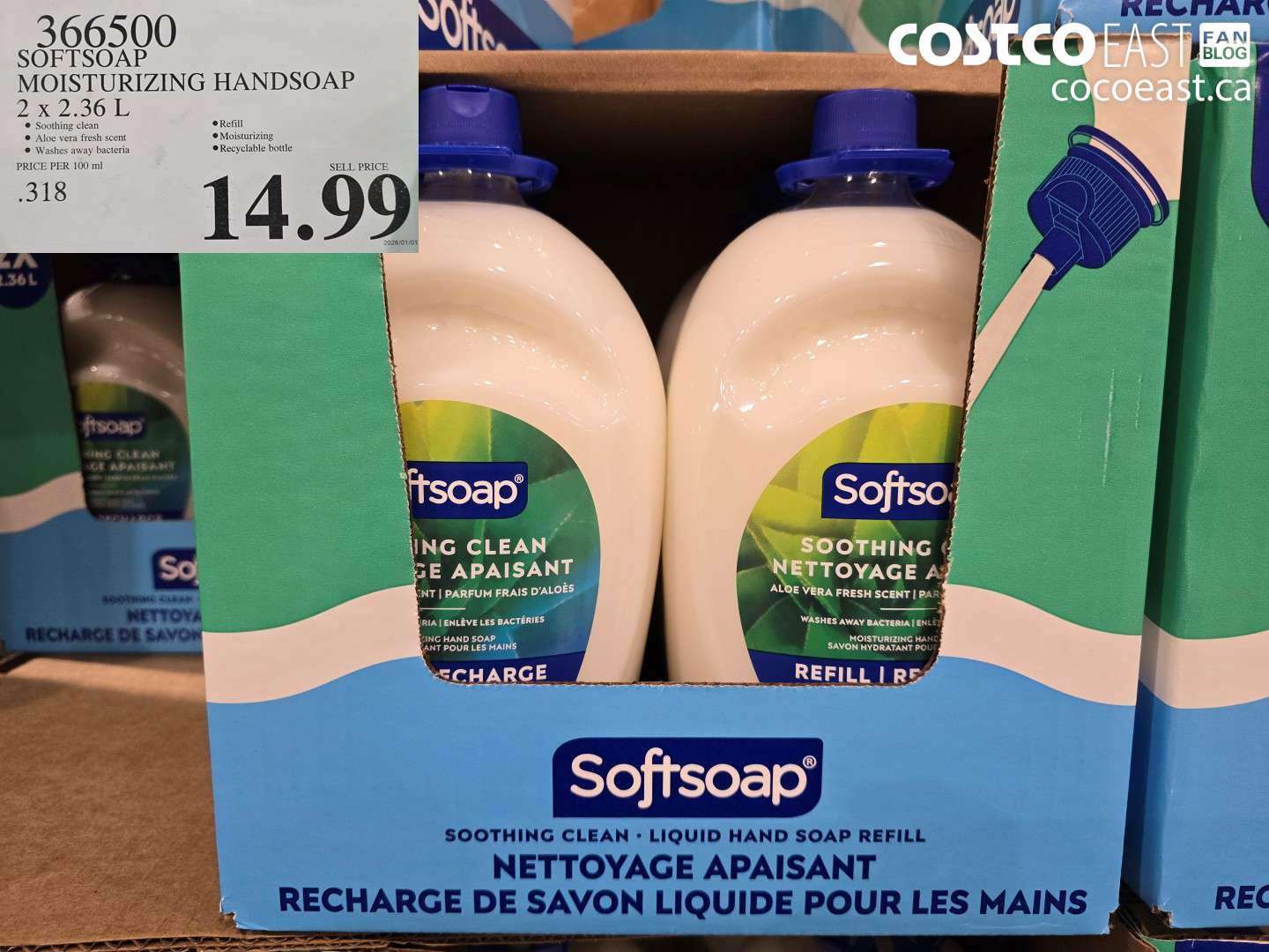 366500 SOFTSOAP HANDSOAP WITH ALOE 2 X 2.36 L $14.99