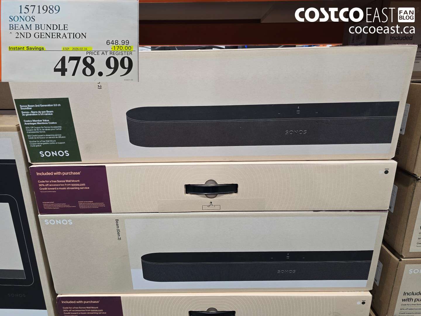 1571989 SONOS BEAM BUNDLE 2ND GENERATION ($170.00 INSTANT SAVINGS EXPIRES ON 2026-02-16) $478.99