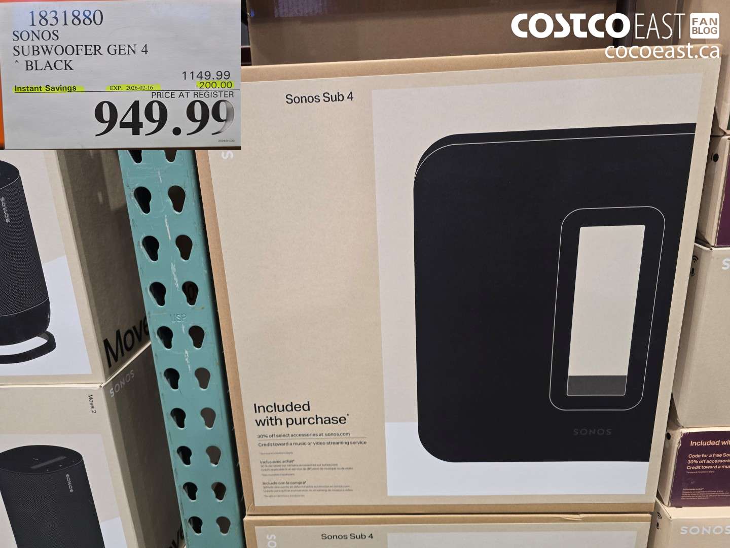 1831880 SONOS SUBWOOFER GEN 4 * BLACK ($200.00 INSTANT SAVINGS EXPIRES ON 2026-02-16) $949.99