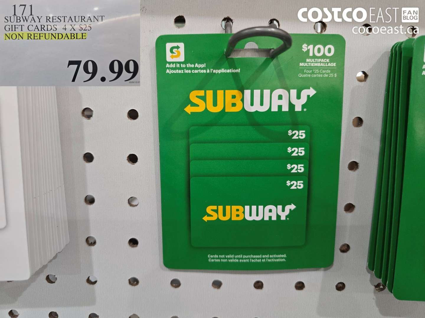171 SUBWAY RESTAURANT GIFT CARDS 4 X $25 NON REFUNDABLE $79.99