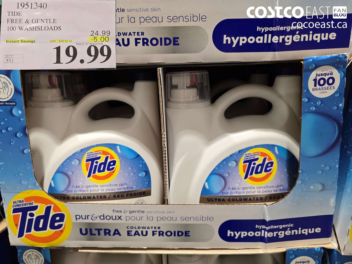 1951340 TIDE FREE & GENTLE 100 WASHSLOADS ($5.00 INSTANT SAVINGS EXPIRES ON 2026-01-18) $19.99