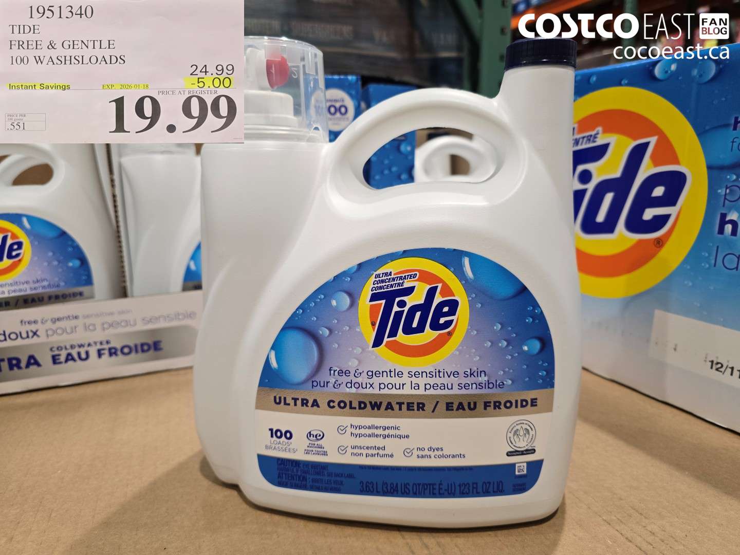 1951340 TIDE FREE & GENTLE 100 WASHSLOADS ($5.00 INSTANT SAVINGS EXPIRES ON 2026-01-18) $19.99